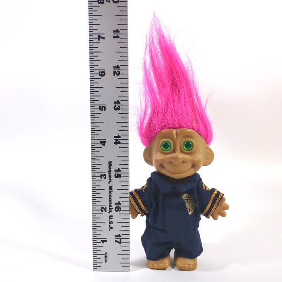 Vintage Trollkins Troll 5" Doll of Police Officer Cop Blue Uniform Tie Pink Hair - Picture 2 of 3